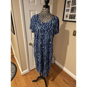 Lands' End Dress Womens XL Petite 18 Blue Floral Shift Cap Sleeve Pull Over